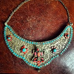 This Beautful Old Tibetan Necklace Is Big And Bold! It Is A Big Style Made Of Dark Golden Bronze Color Metal, With Coral And Turquoise Color Gems. It Has A Hook And Chain Clasp, Adjustable Length. I Think This Necklace May Have Been Worn For A Buddhist Wedding Or Ritual. It Does Show Its Age With Lots Of Patina And Wear, And A Few Missing Gems- But Still So Lovely As Is. Ships Fast! - More Info In Comments - Big82888nc Tibetan Nepal Nepali Kuchi Nepali Tibet Jarao Inlay Buddhist Gau Womens Statement Jewelry Tibetan Goddess, Buddhist Wedding, Tibetan Necklace, Bohemian Colors, Colored Gems, Turquoise Color, Jewelry Vintage, Bronze Color, Tibet