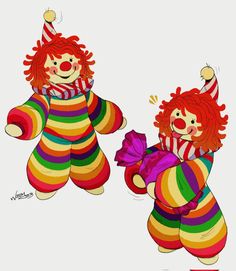 two clowns are dressed in brightly colored clothing and one is holding a teddy bear