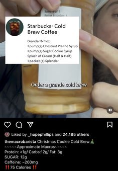 a person holding up a jar of food with a label on it that says starbucks cold brew