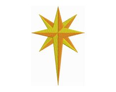 a yellow and orange star with one point on the center, in front of a white background