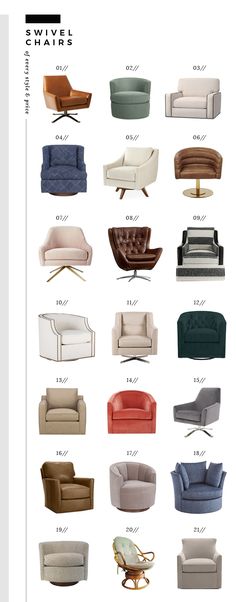 the different types of sofas and chairs are shown in this poster, which is also available