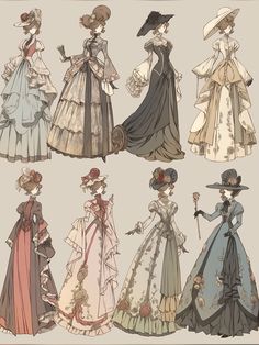 several dresses and hats are shown in different styles, from long to short - sleeved