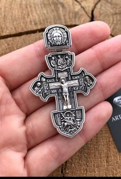 "Silver double-sided cross \"Crucifixion of Christ. Archangel Michael. Holy Trinity. St. blgv. book Alexander Nevskiy. Orthodox cross\" . Art. 0133. ✔️Silver 925 with blackening ✔️Weight 13 grams (+- 1 grams) ✔️Size 55/32 mm ✔️Lanyard is not included in the price! ✔️Possible production in: 🟡Gold 14K or 18K (red, yellow, white) 🌕24K gold plated sterling silver 🔘Silver with blackening or rhodium Need more information? If you have any questions please don't hesitate to contact us!" Symbolic Crucifix Cross Necklace As Gift, Silver Byzantine Cross Jewelry, Handmade Symbolic Crucifix Jewelry, Handmade Byzantine Crucifix Jewelry, Handmade Byzantine Style Crucifix Jewelry, Silver Crucifix Collectible Jewelry, Byzantine Cross Jewelry Gift, Silver Crucifix Jewelry Collectible, Silver Symbolic Crucifix Jewelry And Charms