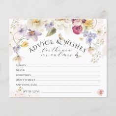 an advice card with flowers and butterflies on the front, which reads advice wishes for each guest