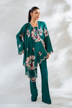 Rihza Bootcut Trousers, Resham Embroidery, Silk Jacket, Silk Slip, Raw Silk, Long Length, Tube Top, Emerald Green, Custom Sizing