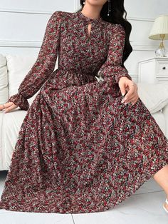 Ditsy Floral Print Keyhole Neckline Flounce Sleeve Belted Dress Red Boho  Long Sleeve Woven Fabric Ditsy Floral,All Over Print A Line Non-Stretch  Women Clothing, size features are:Bust: ,Length: ,Sleeve Length: Long Dress Sewing Patterns, Cute Fall Dresses, Women's A Line Dresses, Long Sundress, Ditsy Floral Dress, Shein Outfits, Kurti Designs Party Wear, Red Boho, Boutique Dress Designs