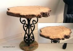 there is a table made out of wood and wrought iron