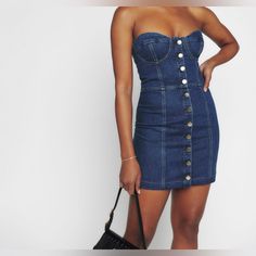 Denim Bustier Dress From Reformation! Medium Wash Mini Dress For Party, Fitted Dark Wash Dress For Date Night, Medium Wash Fitted Mini Dress For Party, Dark Wash Mini Dress For Spring Night Out, Spring Dark Wash Mini Dress For Night Out, Fitted Denim Dress For Date Night, Chic Dark Wash Mini Dress For Night Out, Chic Dark Wash Denim Dress For Date Night, Chic Fitted Denim Mini Dress