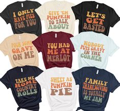 Our Funny Family Thanksgiving Shirts 2024 come in a variety of phrases so every one in your family or friends group can choose their own. Great for your thanksgiving group photos, too ● Parents' shirts are Bella and Canvas brand t-shirt ● UNISEX adult sizing ● Toddler and Youth shirts available ● Props used in photos are NOT included with purchase HOW TO ORDER: 1. Select your first size and color, then click "ADD TO CART" 2. Return to the listing. 3. Repeat for all the shirts you want. 4. Complete checkout 5. Check your shipping address to make sure it's correct! PLEASE MAKE SURE YOU CHOOSE SIZES CAREFULLY AND LOOK AT THE SIZE CHARTS as all sales are final. SIZE: ● Take a look at the photos to see a specific size chart for this T-Shirt and bodysuit style ● PLEASE NOTE: these t-shirts are u Classroom Thanksgiving Shirts, Custom Text T-shirt For Family Gatherings, Funny Graphic Print Tops For Family Reunion, Funny T-shirt With Text For Family Reunion, Funny Tops With Text For Family Reunion, Funny Graphic Print T-shirt For Family Reunion, Funny Graphic T-shirt For Family Reunion, Custom Text Crew Neck Tops For Family Gatherings, Custom Text Crew Neck T-shirt For Family Gatherings