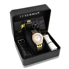 This Luxurman Women's Diamond Watch showcases 0.25 carats of genuine diamonds and features a polished yellow gold plated stainless steel case with a yellow gold plated stainless steel band, a pretty pink bezel that turns to give you ability to time your activities and a luxurious white mother of pearl face with a date display at a 3 o'clock position. This fabulous ladies diamond watch by Luxurman houses a fine Japan-made quartz movement and is conveniently water-resistant to 30 m (110 ft). Diamond Watches Women, Pink Watch, Women Diamond, Stainless Steel Band, Diamond Watch, Quartz Movement, Stainless Steel Case, Custom Jewelry, Pretty In Pink