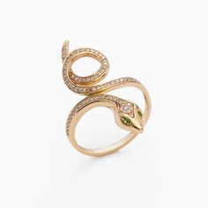 14K Yellow Gold Diamonds Emerald Snake: 3.5mm x 1.1mm Size: 8.5 Emerald Eyes, Goth Jewelry, Snake Ring, Hand Chain, Chain Anklet, Pendant Rings, Fine Jewellery Earrings, Creative Arts, Animal Jewelry