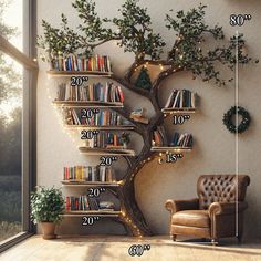 a tree with bookshelves is shown in this room