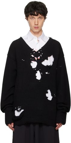 Knit virgin wool sweater. Distressing and exposed seams throughout. · Rib knit V-neck, hem, and cuffs · Dropped shoulders · Logo flag at back collar Supplier color: Black Goth Sweaters, Torn Sweater, Destroyed Sweater, Monogram Sweater, Skull Sweater, Exposed Seams, Fit Inspo, Wool Sweater, Red Sweaters