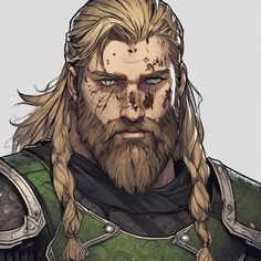 an image of a man with long hair and green eyes wearing a suit of armor