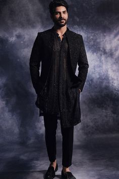 Buy Black Poly Blend Suiting Fabric Embroidered Open Jacket And Kurta Set For Men by Varun Chakkilam Online at Aza Fashions. Cocktail Party Outfits Men, Men’s Sangeet Outfit, Sangeet Night Outfit For Men, Black Sangeet Outfit Men, Men Reception Outfit, Sangeet Men Outfit, Men Sangeet Outfits, Sangeet Groom Outfit, Sangeet Outfit Men