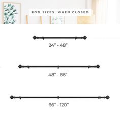 three black metal rods are shown with measurements for each rod, and the length is inches