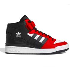 New Adidas Men’s Forum Mid Originals High Top Sneakers Velcro Strap Shoelaces Sizes Color: Red Black White Great Prices, Brand New, Back To School, Shoe Sale, University Red Adidas Lace-up Sneakers, Casual University Red Basketball Shoes With Boost Midsole, University Red High-top Lace-up Sneakers With Cushioned Footbed, Casual High-top University Red Basketball Shoes, Urban High-top Sneakers With Red Sole And Lace-up, Urban High-top Sneakers With Red Sole, Adidas Logo High-top Lace-up Sneakers, Leather Basketball Shoes With Elastic Laces For Streetwear, Casual University Red Skate Shoes With Boost Midsole