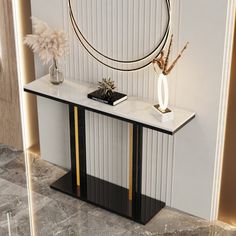 a modern console table with a circular mirror on the wall above it and a plant next to it