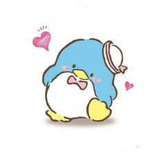 a cute little penguin with a bow on its head and hearts flying around it's neck