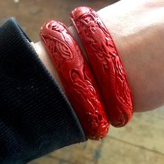 Vintage Chinese Dragon Carved Cinnabar Bangle Bracelets. Gently Worn. Chinese Jewelry, Chinese Dragon, Jewelry Vintage, Womens Jewelry Bracelets, Bangle Bracelets, Vintage Ladies, Vintage Jewelry, Bangles, Carving