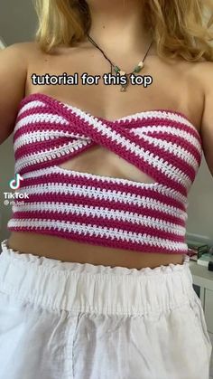 a woman wearing a pink and white striped top with the words crochet on it