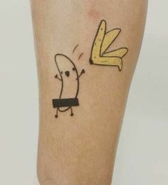 a person with a banana on their leg that is drawn to look like a cartoon character