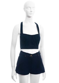 High Waist Cotton Top For Night Out, Chic Fitted Dark Wash Jean Shorts, Chic Dark Wash Fitted Jean Shorts, Fitted Dark Wash Summer Shorts, Fitted Dark Wash Shorts For Summer, Dark Wash Fitted Shorts For Summer, Fitted Denim Shorts For Night Out, Chic Fitted Cropped Shorts, High Waist Denim Blue Cotton Crop Top