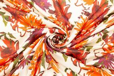 Red and Orange Floral Italian Silk Charmeuse – Prime Fabrics Spring Silk Scarf With Satin Finish, Spring Satin Silk Scarf With Satin Finish, Summer Silk Scarf With Satin Finish, Silk Scarf For Spring Party, Silk Scarf For Party In Spring, Red And Orange, Silk Charmeuse, Be Perfect, Abstract Artwork