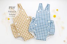 two baby onesuits with gingham checks on them, one in blue and the other in yellow