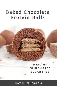 chocolate protein balls with text overlay that reads, baked chocolate protein balls healthy gluten free sugar free