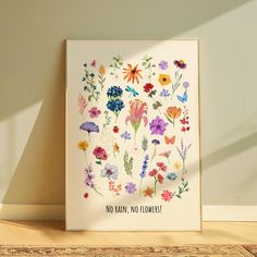 an art print with colorful flowers and the words no rain, not flowers on it