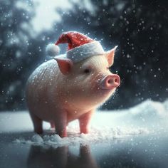 a pig wearing a santa hat standing in the snow with trees and snow flakes