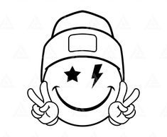 a black and white drawing of a smiley face with two fingers up in the air