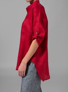 Linen Mandarin Collar Blouse Red Elegant Linen Blouse With Shirttail Hem, Elegant Linen Tops With Shirttail Hem, Red Linen Relaxed Fit Top, Red Linen Tops With Relaxed Fit, Red Relaxed Fit Linen Top, Red Linen Top With Relaxed Fit, Chic Linen Tops With Shirttail Hem, Red Linen Relaxed Fit Shirt, Red Linen Shirt With Relaxed Fit