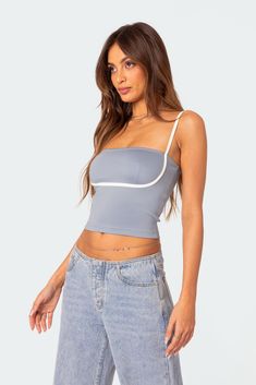 PRODUCT INFO Tank top Adjustable contrast straps Polyester, Spandex Model wears size S Model height is 5'9 Item care: Wash with similar color Visionary Fashion, Staple Tops, Cropped Camisole, Strap Tank Top, Tank Top Straps, Knit Fashion, Summer Tops, Fashion Tops, S Models