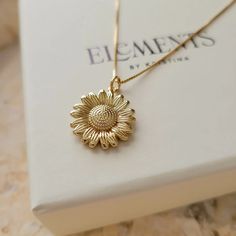 Gold Filled Sunflower Necklace. Non Tarnish Gift For Her – elementsbykristina Sunflower Pendant, Sunflower Necklace, Velvet Pouch, 50th Gifts, Chain Pendant, Everyday Jewelry, Leather Pouch, Box Chain, Soft Velvet