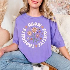 Grow Positive Thoughts Shirt, Mental Health Shirt, You Matter Shirt, Growth Mindset t-shirt, Positive Affirmation t shirt, Comfort Colors Tee, gift for her, Mother day gift, ► Shirt Details UNISEX Comfort Colors introduces the "Comfort Colors 1717" garment-dyed t-shirt; a fully customizable tee made 100% with ring-spun cotton. The soft-washed, garment-dyed fabric brings extra coziness to your wardrobe while the relaxed fit makes it an excellent daily choice. The double-needle stitching throughou Purple Printed Tops With Relaxed Fit, Purple Printed Crew Neck T-shirt, Purple Graphic Tee With Print, Purple Printed Cotton Tops, Purple Letter Print Shirt For Spring, Purple Printed Graphic Tee Tops, Purple Printed Graphic Tee, Purple Short Sleeve Shirt With Text Print, Spring Purple Tops With Text Print