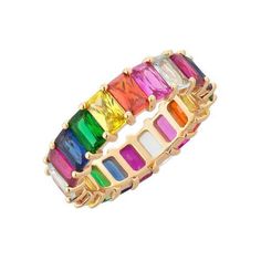 Rainbow Eternity Band Ring – The Sis Kiss Luxury Stackable Rainbow Rings, Cheap Multicolor Band Jewelry, Luxury Rainbow Ring Jewelry, Colourful Eternity Ring, Trending Rings 2022, Luxury Rainbow Colored Ring Jewelry, Luxury Rainbow Colored Rings, Rainbow Multi-stone Jewelry For Party, Multicolor Stackable Cubic Zirconia Jewelry