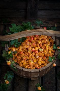 a basket filled with lots of food on top of a wooden table next to leaves