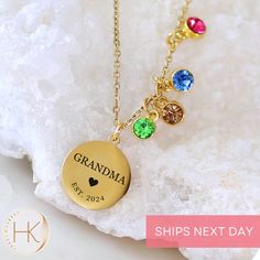 Shower Grandma with love through our Dainty Personalized Grandma Necklace - a timeless piece where simplicity and affection intertwine. The necklace features a sleek pendant, elegantly inscribed with the word 'Grandma', complemented by a selection of birthstones that dance with the light, each representing the bright presence of her grandchildren. The pendant pairs beautifully with the pastel floral gift card, which showcases Grandma's nickname in a nostalgic retro font, adding a vintage touch to the modern keepsake. This combination of contemporary design and old-world charm creates a piece that's as enduring as Grandma's love. Offer this necklace to Grandma as more than a gift - it's a daily reminder of the bonds that she holds dear, a wearable piece of the family's heart. It's a celebra Jewelry First Time Grandma, Grandmothers Necklace, Grandma Name Necklace, Personalized Gift Birthstone Necklace With Birth Flower, Grandma Necklace Birthstone, Grandma Necklace, Personalized Grandma, Name Jewelry, Floral Necklace