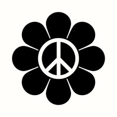 a black and white flower with a peace sign on it's center, in front of a white background