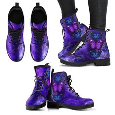 Welcome to the epitome of the footwear world, where Purple Galaxy Butterfly Leather Boots For Men And Women, Gift For Hippie Lovers, Hippie Boots, Lace Up Boots are not just a product but a symbol of style and comfort. Crafted from high-quality canvas, these Boots not only enhance the aesthetics of your stride but also shield your feet from dampness and chilly weather. The black rubber sole not only provides slip resistance but also ensures durability and abrasion resistance, making them a relia Purple High-top Boots For Outdoor, Purple High-top Outdoor Boots, Purple Round Toe Boots For Outdoor, Purple Round Toe Outdoor Boots, Purple Lace-up Boots For Outdoor, Purple Leather Lace-up Boots, Purple Lace-up Leather Boots, Casual Purple Leather Boots, Galaxy Butterfly