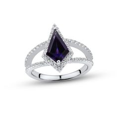 This unique and elegant ring features a dazzling shield-cut amethyst framed in dainty round white lab-created sapphires. The split band is crafted in sterling silver and shines with two rows of round white lab-created sapphires for a chic and sparkly stacked look. Formal Cluster Ring With Accent Stones And Open Shape, Formal Cluster Ring With Accent Stones, Modern Diamond Amethyst Ring, Modern Amethyst Diamond Ring, Fine Jewelry Open Amethyst Ring For Formal Occasions, Formal Crystal Ring With Cubic Zirconia And Gemstone Accents, Formal Rings With Gemstone Accents In Cubic Zirconia, Formal Cubic Zirconia Crystal Ring With Gemstone Accents, Fine Jewelry Amethyst Diamond Ring With Accents