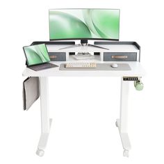 a computer desk with two monitors and a laptop on it's side, sitting up against a white background