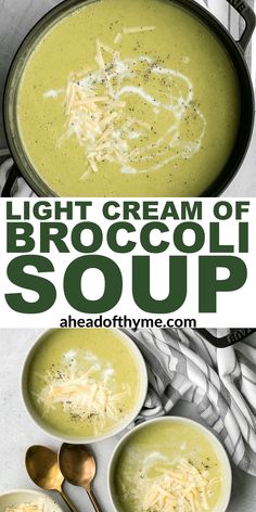 broccoli soup with cheese and parmesan in two bowls on the side