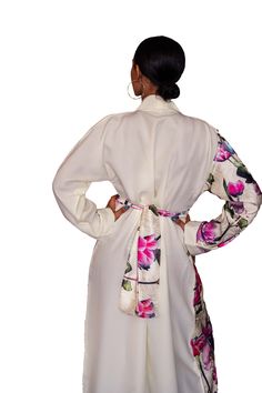 white silk bride kimono robe Elegant White Open Front Robe, Elegant Long Cream Kimono, Elegant Long Cream Robe, Cream Silk Kimono For Wedding, Chic Satin Wrap Kimono, Chic Long Sleeve Satin Kimono, Elegant Cream Silk Robe, Elegant Wrap Kimono With Floral Print, Spring Satin Kimono With Kimono Sleeves