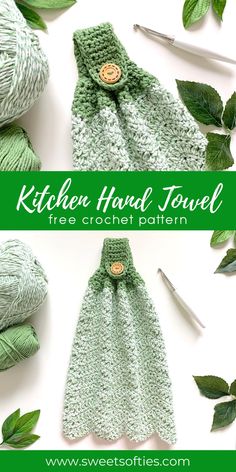 crochet pattern for kitchen hand towel with green leaves surrounding it and text that reads, kitchen hand towel free crochet pattern