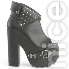 Zip Front Platform Bootie With A Studded Collar And Buckled Strap Detail. Made From Black Vegan Leather With Chunky Platform Heel Heel : 6" Heel With 3" Platform Material : Synthetic Upper/Vegan Condition: Mint. Never Worn. Punk Leather Ankle-high Heels, Punk Style Ankle-high Leather Heels, Punk Leather Closed Toe Heels, Edgy Platform Closed Toe Heels, Edgy Leather Closed Toe Heels, Edgy Closed Toe Leather Heels, Edgy Closed Toe Platform Heels, Punk Platform Heels For Night Out, Punk Leather Heels For Night Out