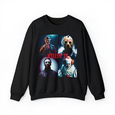 Perfect Halloween sweatshirt for those horror movie nights! Each sweatshirt is custom printed when ordered so returns & exchanges are not accepted. However, if there are any quality issues with the item please contact right away in order to make it right & make sure you are satisfied with your purchase! Thank you for supporting a small business! SWEATSHIRT DETAILS: 💜 Made with a medium-heavy fabric blend of 50% cotton and 50% polyester 💜 Feels cozy and is the perfect choice for those colder mo Black Long Sleeve Horror Sweatshirt, Horror-themed Long Sleeve Sweatshirt For Streetwear, Horror Long Sleeve Sweatshirt For Streetwear, Fall Pop Culture Crew Neck Sweatshirt, Horror Long Sleeve Sweatshirt For Halloween, Fall Pop Culture Long Sleeve Sweatshirt, Black Horror-themed Sweatshirt For Fall, Black Horror Sweatshirt For Fall, Black Horror Graphic Sweatshirt