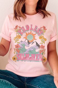 ENDLESS SUMMER GRAPHIC T-SHIRT** PLUS SIZE AVAILABLE: 10837X-TS-PLUS **- Premium 4.2 oz., 100% airlume combed and ringspun cotton- Retail fit- Unisex sizing- Shoulder taping- Sideseamed- Pre-shrunk* SUMMER, SUMMER TEE, SUMMER GRAPHIC, SUMMER OUTFIT, BEACH, OCEAN, SAND, SUN, SWIM, VACATION, TRAVEL, OUTDOOR, CAMPING Style: CASUAL Print / Pattern: ENDLESS SUMMER Silhouette: TEE Fit: UNISEX Neck Line: CREW Sleeve: SHORT Made In: USAFabric Contents: 100% COTTON Stretch fabric Non-sheer fabric Care In Summer Outfit Beach, Summer Silhouette, Ocean Sand, Camping Style, Sweater Hat, Trendy Graphic Tees, Los Angeles Style, Summer Tee, Sheer Fabric